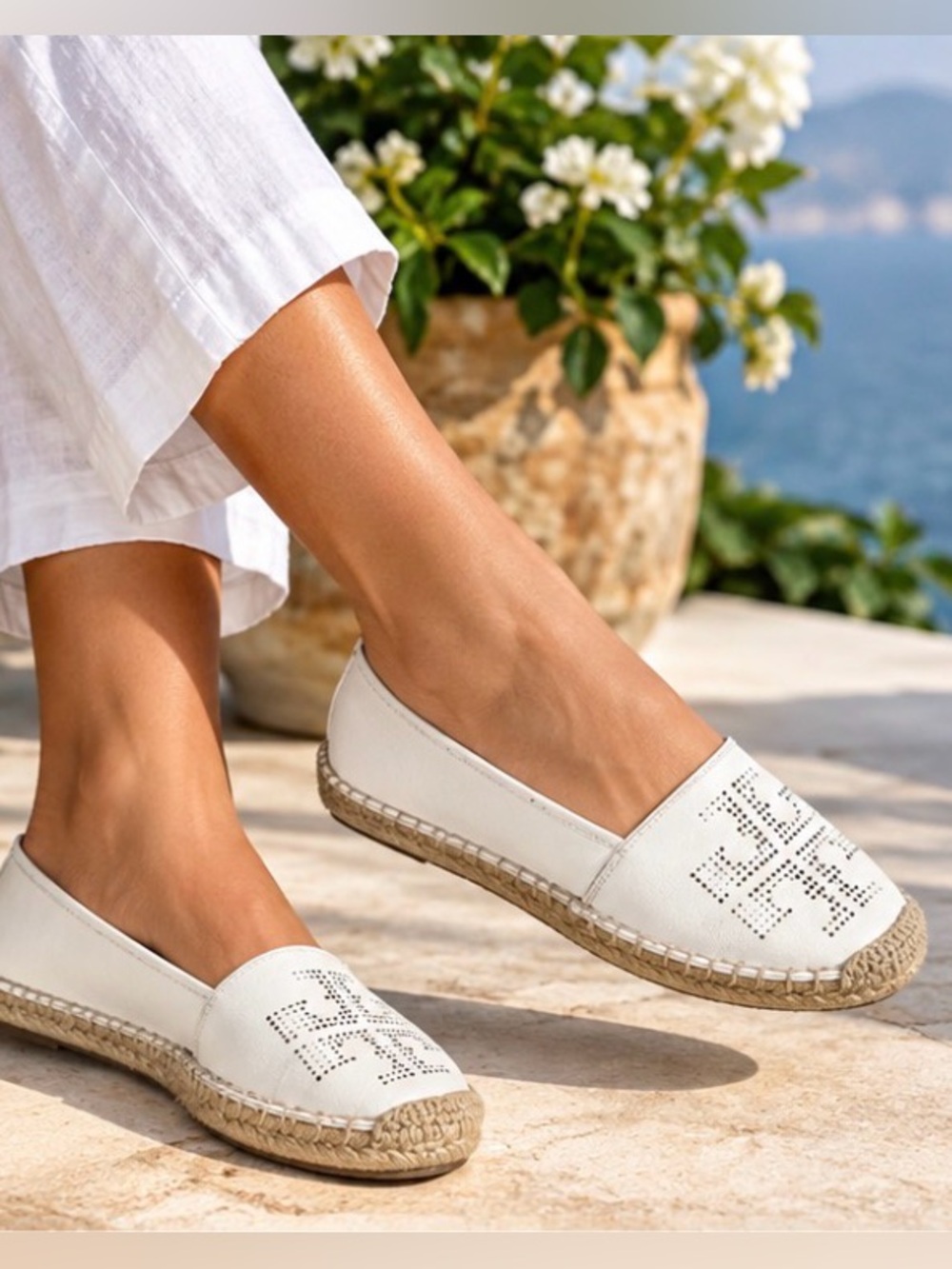 Tory Burch Perforated Logo White Leather Flat Espadrilles - Size 7.5